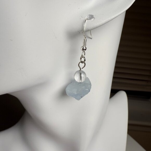 Aquamarine & Clear Quartz Drop Earrings – Raw Crystal Dangles - Picture 5 of 7